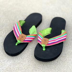 ELIZA B. Flip flops thongs sandals striped bright straps slide on black foam 13